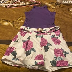 Floral shorts with belt & purple tank top. Both size small selling as a set.